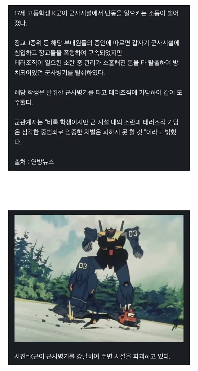 17세 고등학생, 장교 폭행 후 군사무기 탈취 및 도주 중